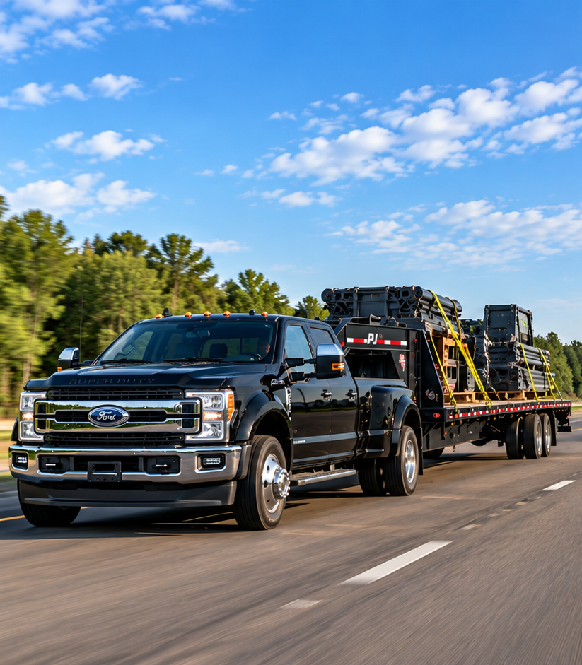 Black Ford dually hauling freight