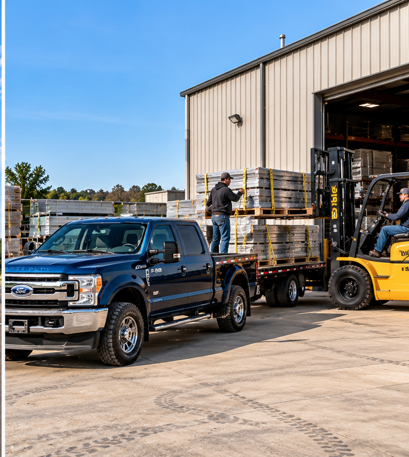 Blue Ford F-250 at a loading facility